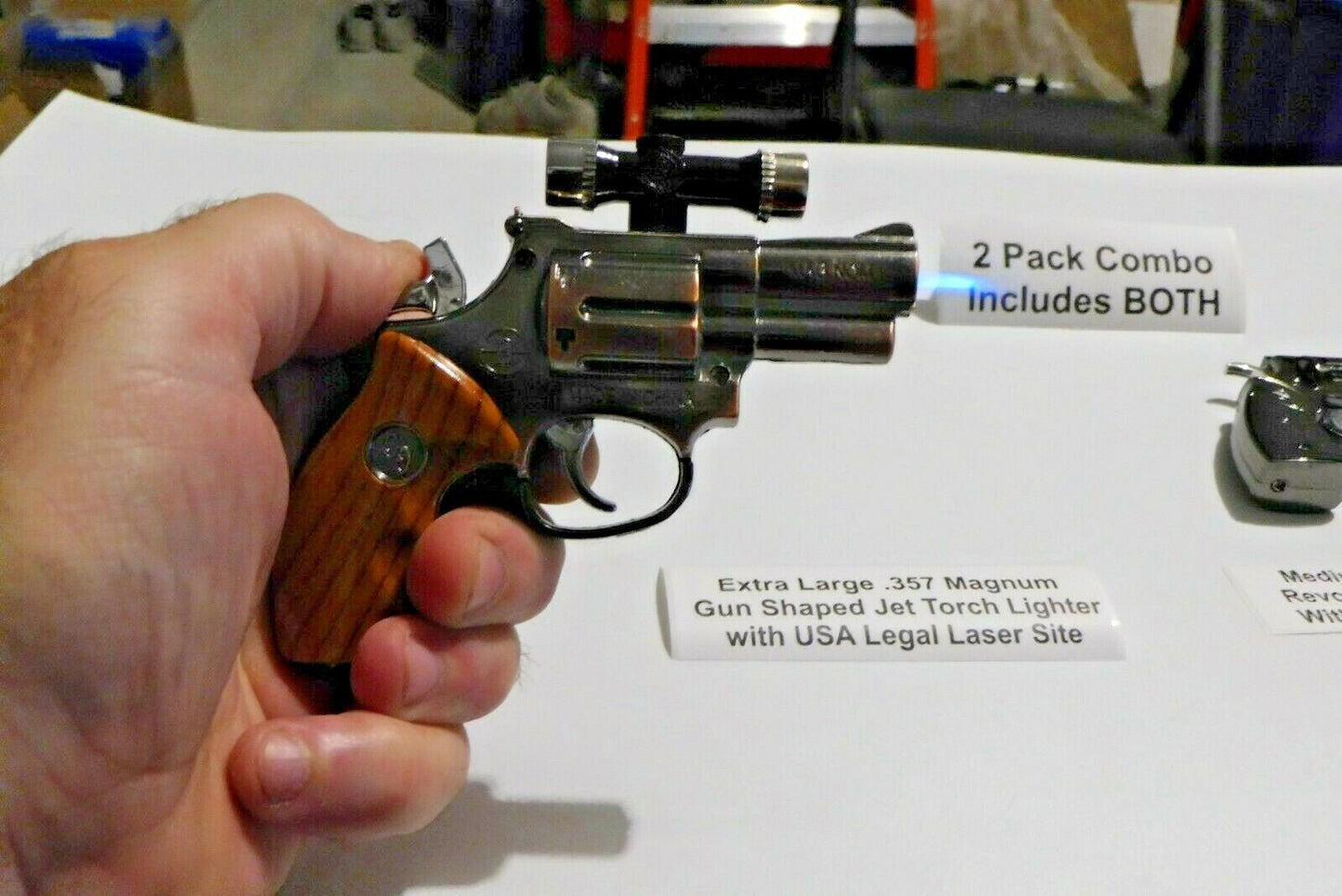Combo Extra Large .357 Magnum and Medium Size Gun Shape Jet Torch Ligh - Lighter Deals USA