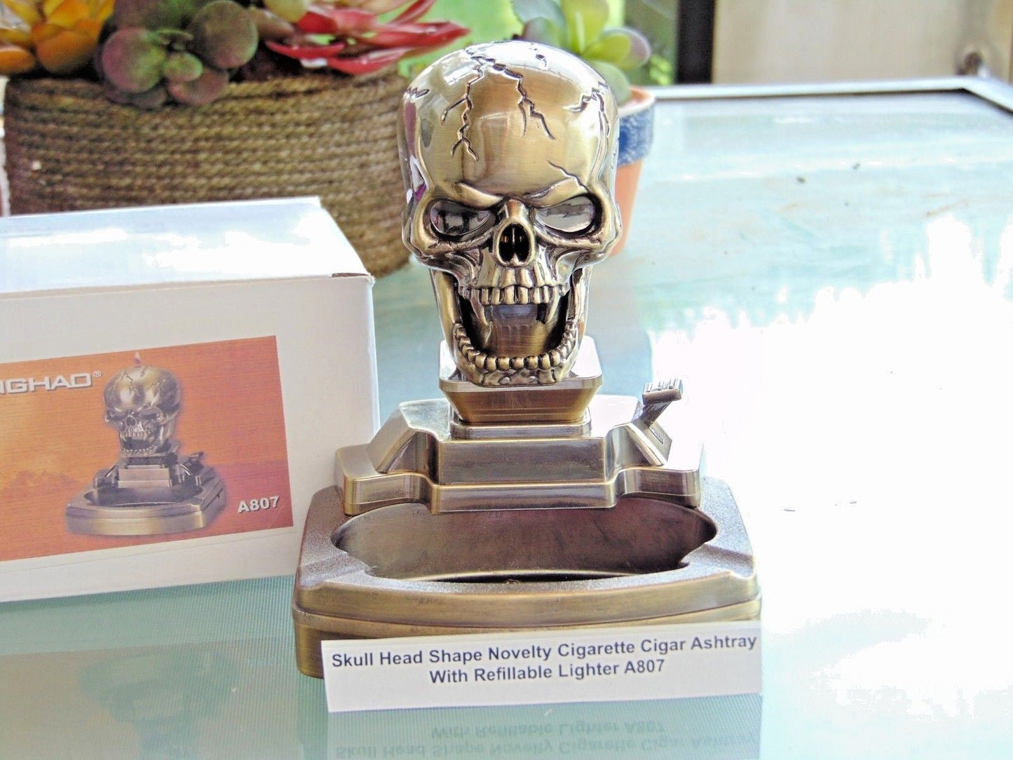Novelty Skull Shape Cigarette Cigar Ashtray With Refillable Lighter US - Lighter Deals USA