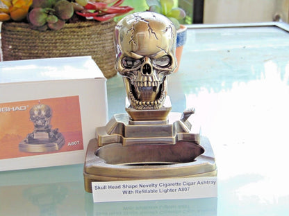 Novelty Skull Shape Cigarette Cigar Ashtray With Refillable Lighter US - Lighter Deals USA