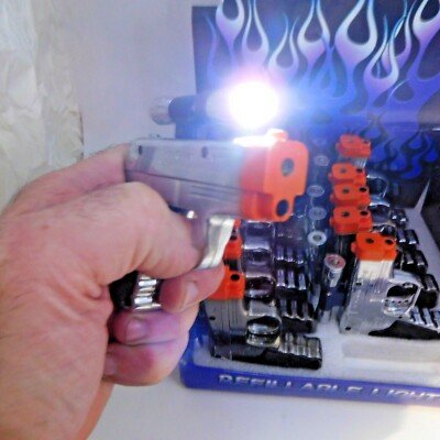 Pistol Gun Style Butane Jet Torch Lighter with White Flashlight Site U - Lighter Deals USA
