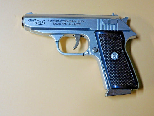 Silver Special Walther PPK Gun Shape Jet Torch Lighter With Spring Knife - Lighter Deals USA
