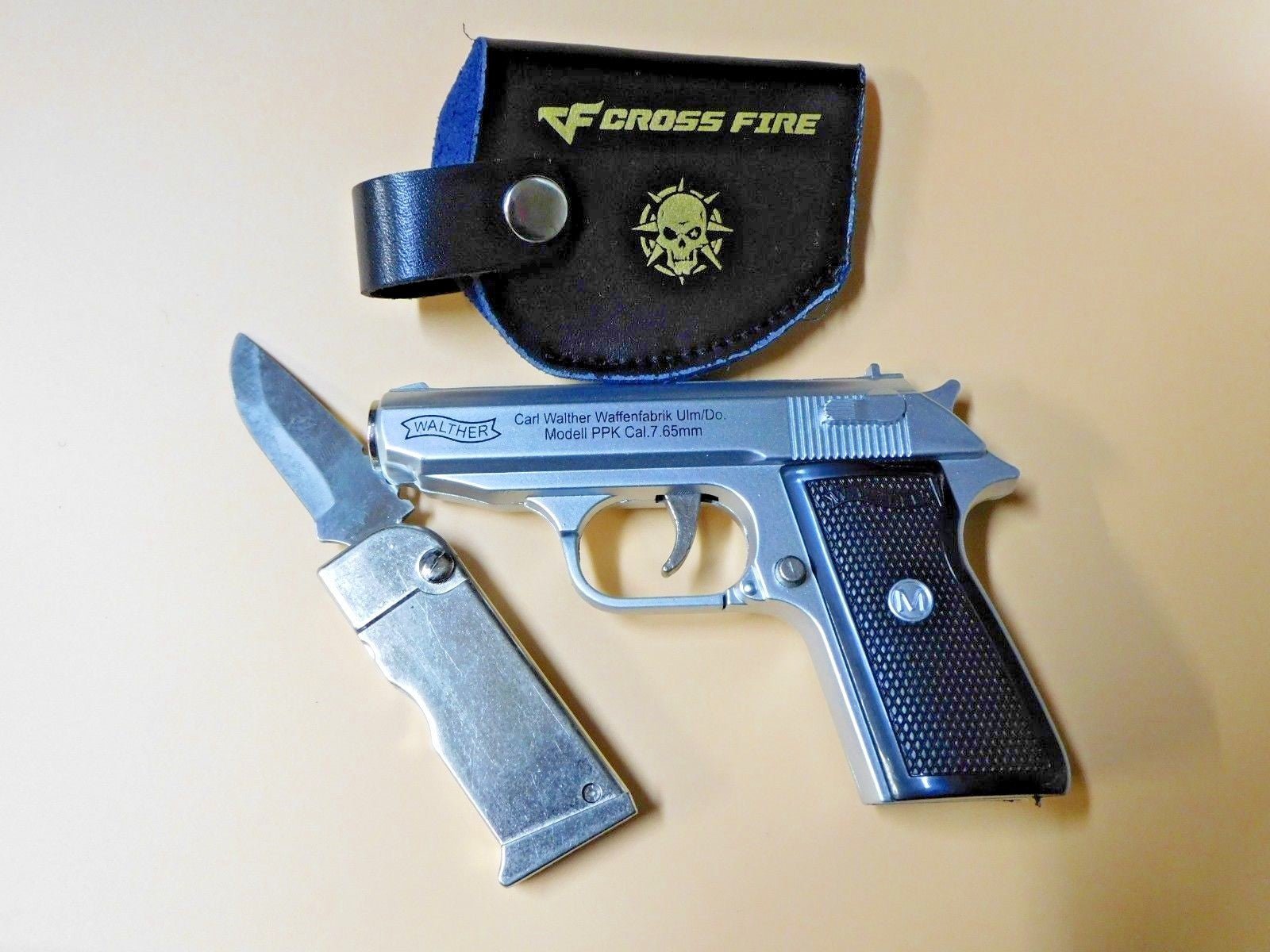 Silver Special Walther PPK Gun Shape Jet Torch Lighter With Spring Knife - Lighter Deals USA